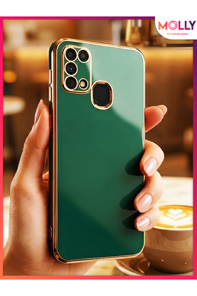 Molly Samsung Galaxy M31 İçin Koyu Yeşil Kenarları Gold Detaylı Lüks Silikon ...