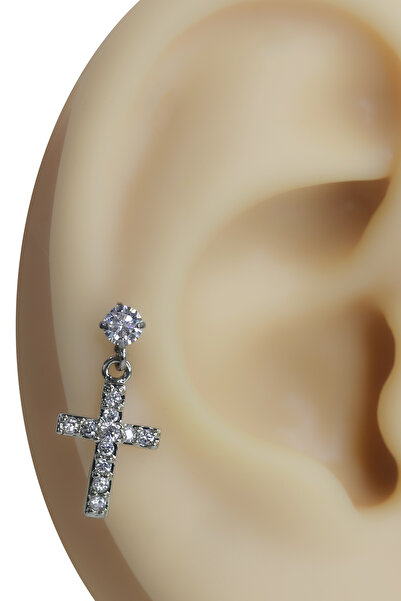 Cadının Dükkanı Zirkon Taşlı Haç Sallantılı Piercing – 316L Cerrahi Çelik Hel...