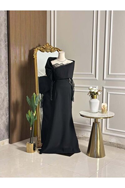 vanus fashion 6836-فستان سهرة أسود بقصة كتف واحدة وأكمام دانتيل
