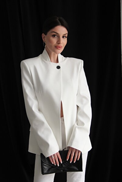 Julidress Ecru White Single Button Detailed Padded Premium Design Blazer Jacket