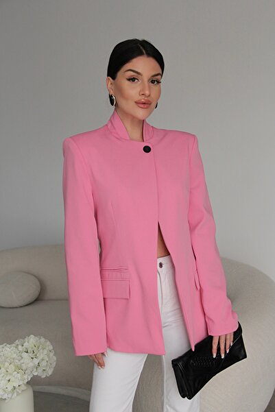 Julidress سترة بليزر وردية اللون بتصميم فاخر مبطنة بتفاصيل زر واحد