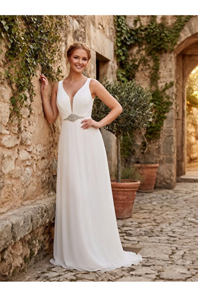 WHITE CHIFFON WEDDING ,ENGAGEMENT and Exterior Shooting Dress WITH THICK STRAP and draped WAIST STONE ACCESSORY