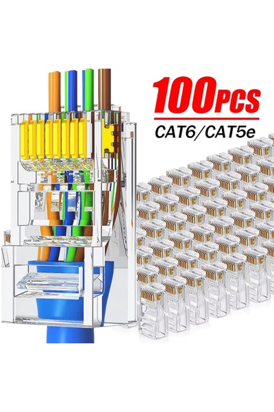 Derwell 100 Adet Yeni Nesil Delikli Rj45 Cat5 Cat6 Ethernet Internet Kablo So...