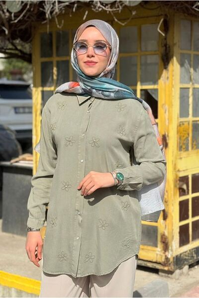 Moda Rosa 26Y7094 - YEŞİL - ÇİÇEK TAŞLI MODAL GÖMLEK