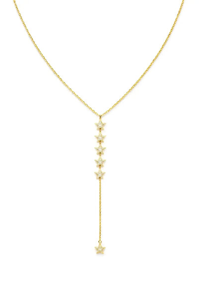 LEROSY CO. Y Form Yıldız Taşlı Çelik Kadın Kolye Altın Renk Modern Tasarım