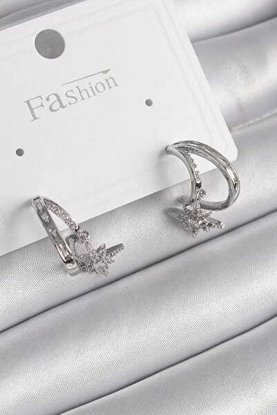 Skygo Brass Silver Color Zircon Stone Hoop Model Dangle Star Detail Women's E...