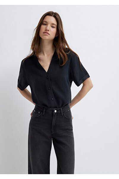 Mavi Kısa Kollu Siyah Gömlek Loose Fit / Bol Rahat Kesim 1211358-900