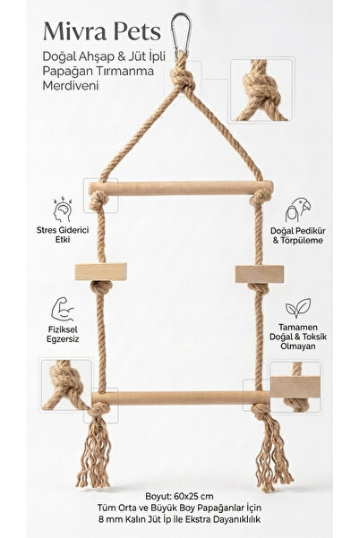 Mivra Pets Doğal Ahşap Papağan Kuş Salıncağı Tırmanma Merdiveni Tünek 8mm Jüt...