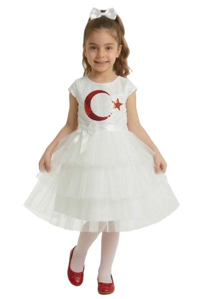 Mnk Baby&Kids Rochie pentru fetiță cu motiv Steaua Lunii 23 aprilie M00813 ALB