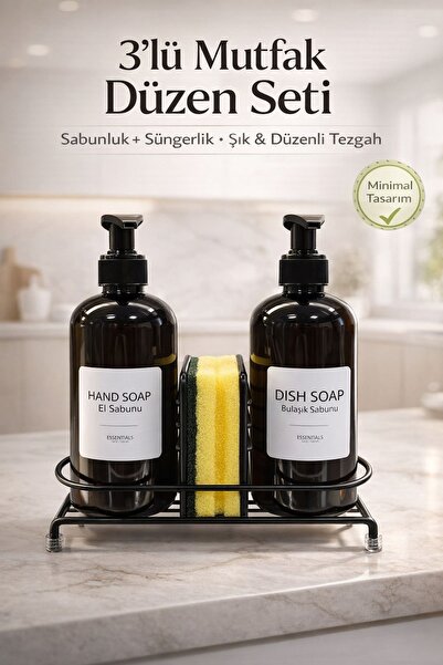 Kitchen Beauty Metal Standlı Amber Sabunluk Seti 2'li Sıvı Sabunluk Seti Ve B...