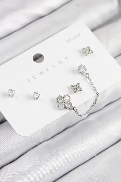 Skygo Pirinç Zirkon Taşlı Yonca Model Gümüş Renk 925 Ayar Gümüş Çivi Kadın Kü...