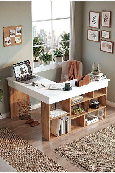 Yurudesign Tywin Kitaplık Raflı Çalışma Masası Çam-Beyaz