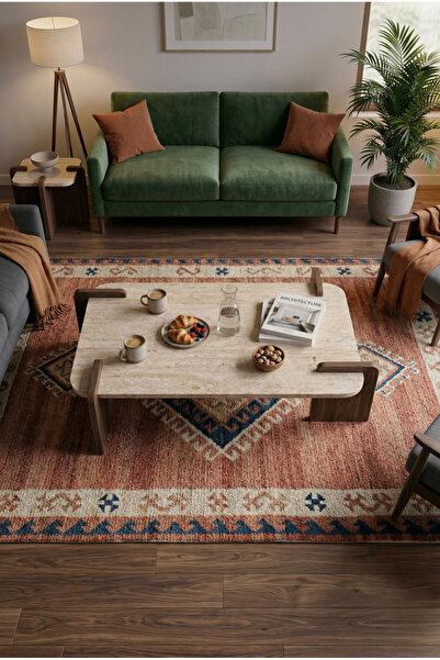 tridihome Traverten Orta Sehpa Modern Ceviz Ayaklı Dikdörtgen Doğal Taş Salon...