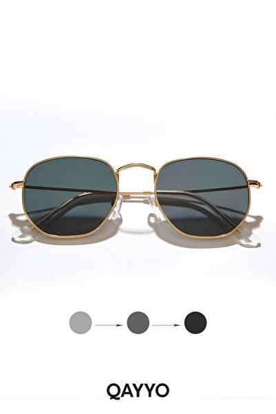 QAYYO Accessories Beery Gold Siyah Metal Beşgen Uv400 Unisex Güneş Gözlüğü