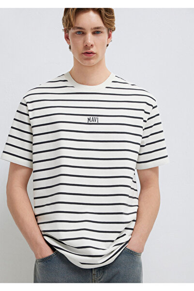 Mavi Logo Baskılı Çizgili Beyaz Tişört Loose Fit / Bol Rahat Kesim 0612420-86678
