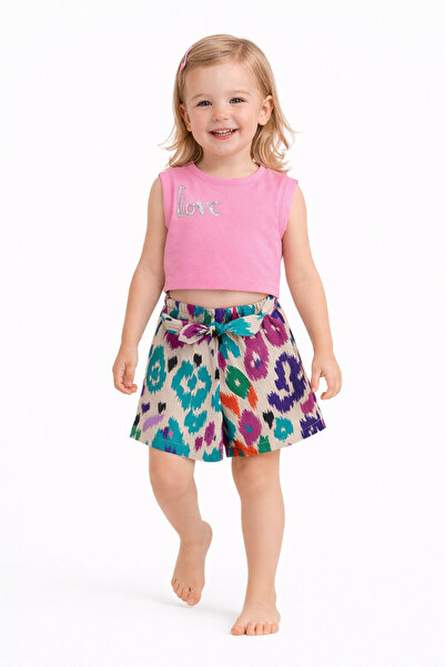 BABİDO Girl's Shorts Suit 2S. Purple Cotton Love Printed