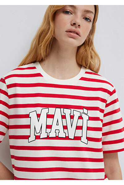 Mavi Logo Baskılı Kırmızı Çizgili Tişört Regular Fit / Normal Kesim 1611360-8...