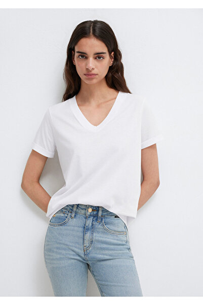 Mavi Weißes Basic-T-Shirt mit V-Ausschnitt, lockere Passform / lockere, entsp...