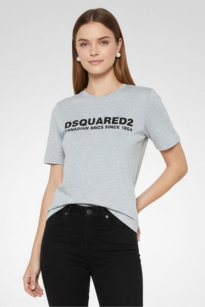 DSquared2 Women Crew Neck Short Sleeve Brand Logo T Shirt, Grey