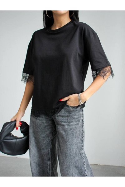 LİNDALİNA TEKSTİL Kadın Oversize Bisiklet Yaka Dantel Detaylı T-Shirt