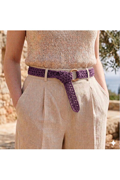 PACHİRA Kağıt Ipten Hasır Örgü Kemer 115 Cm.mürdüm