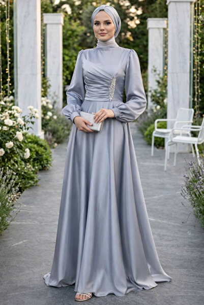 N.S NEVA STYLE Βραδινό φόρεμα με ντραπέ λεπτομέρεια, γκρι χρώμα, σατέν, τύπου...