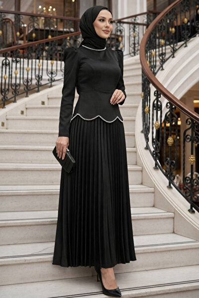 N.S NEVA STYLE Σατέν Μαύρο Βραδινό Φόρεμα Τεσεττούρ 5462S