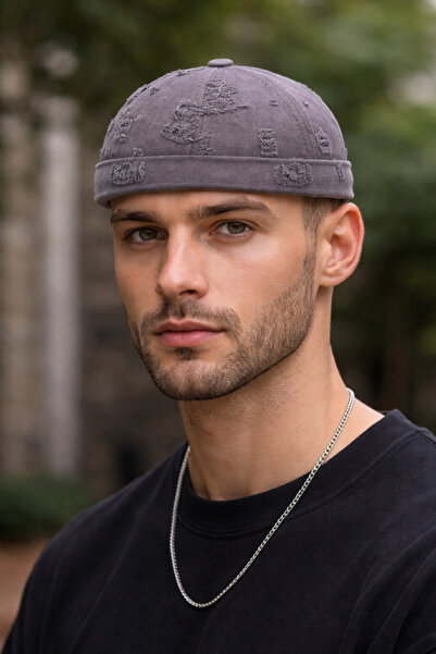 ZERAMİNE Gray Unisex Docker Hat with Ripped Detail and Adjustable Short Brim