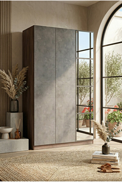 Robin Home 3 Kapaklı Çekmeceli Aynalı Gardırop Elbise Dolabı Gri - Kahverengi...