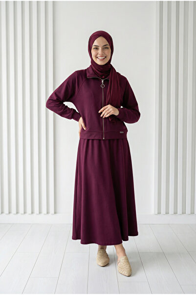 MİHRA STORE Σετ Φούστας με Λεπτομέρεια Φερμουάρ. MF1888-AS092 Βουργουνδία