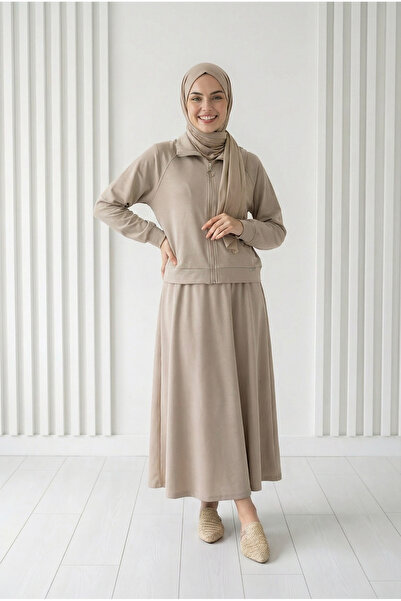 MİHRA STORE Κοστούμι με φούστα και λεπτομέρεια με φερμουάρ. MF1888-AS092 Πέτρα