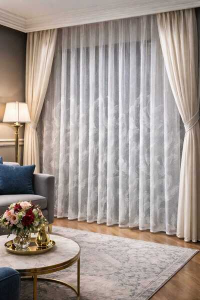 Belvedere Modern Leaf Patterned Off-White Closely Pleated Light-Transmitting ...