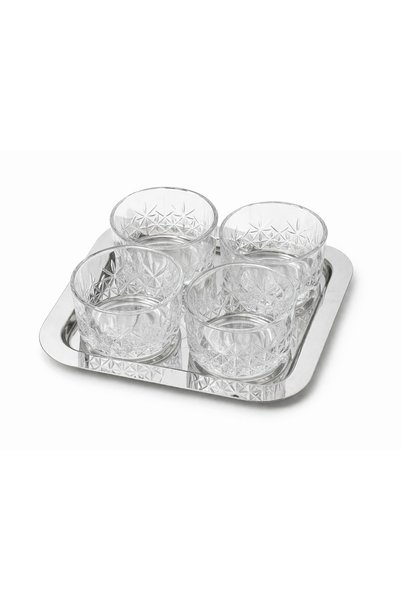 Noah Exclusive 5-Piece Round Snack Dish Set with Tray - Glass-Silver Color Tray