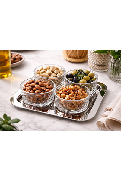 Noah Exclusive TEPSİLİ 5 PARCA YUVARLAK ÇEREZLİK TAKIMI-CAM-GUMUS RENK TEPSİ