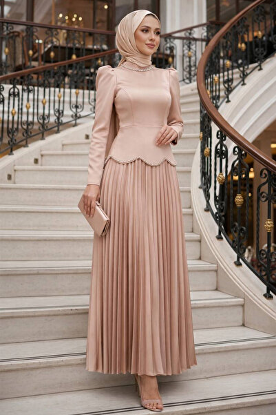 N.S NEVA STYLE Σατέν Πουδρένιο Τεσσέτουρ Βραδινό Φόρεμα 5462PD