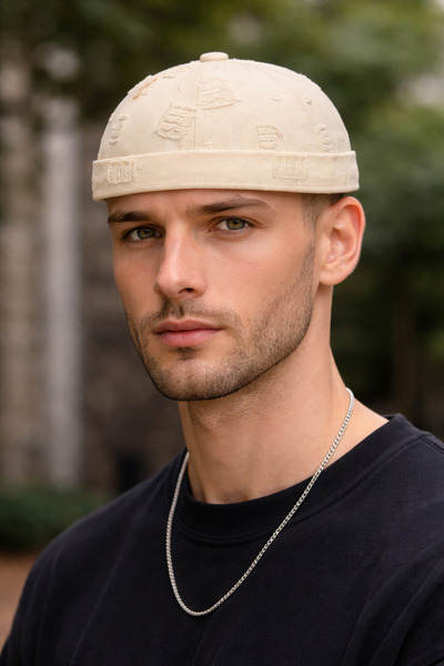 ZERAMİNE Cream Unisex Docker Hat with Ripped Detail and Adjustable Short Brim