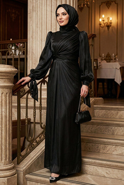 N.S NEVA STYLE Μαύρο Χιτζάμπ Βραδινό Φόρεμα με Λεπτομέρεια Κουρτίνα 52285S