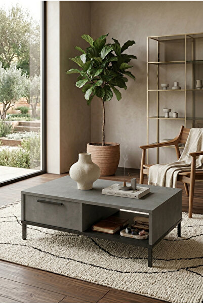 Robin Home Diego Orta Sehpa Metal Ayaklı Çekmeceli Beton-siyah Dg18-rl