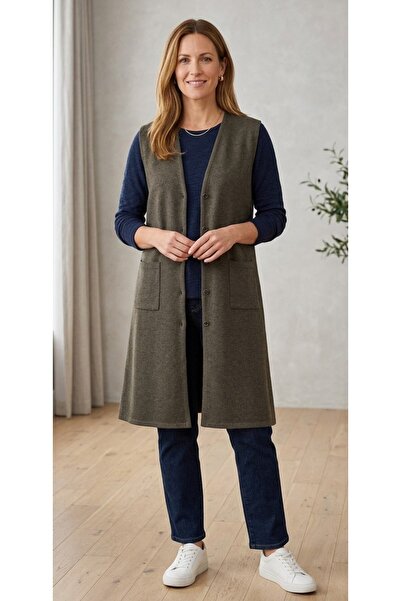 BİLGENS BUTİK سترة نسائية طويلة بلون كاكي موسمي