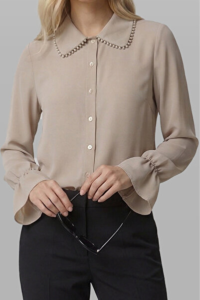 Fumel Kadın Bej Büzgülü Kol Dantenli Yaka Detaylı Dokuma Gömlek