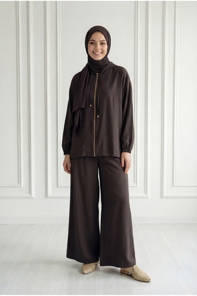 BENAHOLL Σετ με κουκούλα και φερμουάρ Sümbül με φαρδιά παντελόνια - EU2872 Καφέ