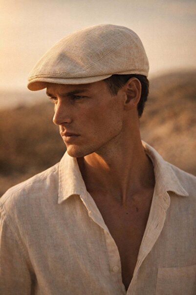 Külah Ανδρικό λινό Premium - Κρεμ καλοκαιρινό καπέλο με επίπεδη κορυφή