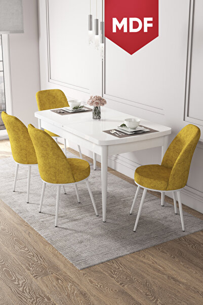 Canisa Concept Kor Serisi 70x114 Açılabilir MDF Mutfak Masası Takımı Beyaz Ma...