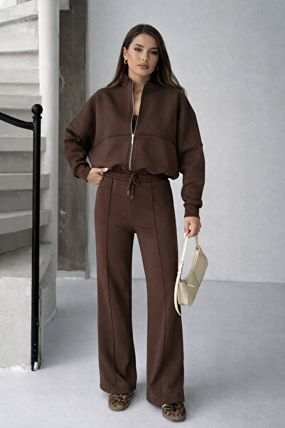 İLKCET MODA Set crop maro cu fermoar la gât pentru femei
