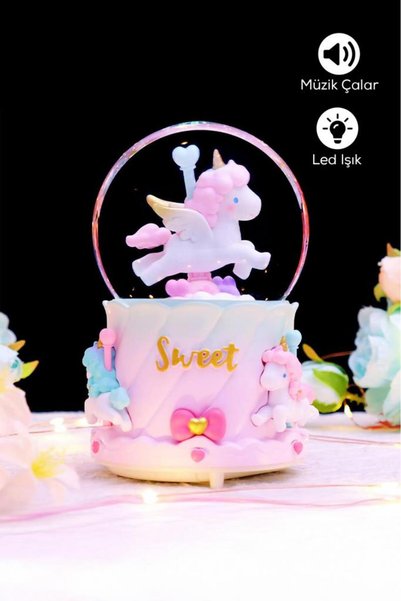 DEMPOWER Sweet Unicorn Figürlü Müzikli LED Işıklı Kar Küresi Pembe