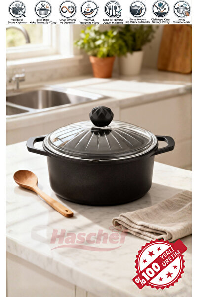 HASCHEF Elmas Döküm Yapışmaz Titanyum Kaplama Derin Tencere 24 Cm