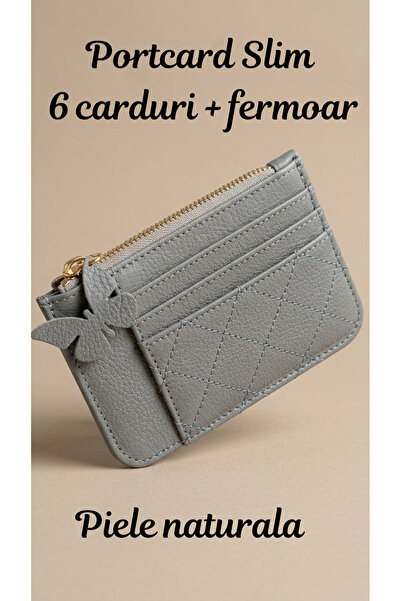 OEM Slim genuine leather card holder with zipper, 6 cards, compact card walle...