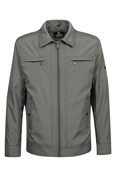 Çizgi Triko معطف رجالي بياقة بولو وجيبين مبطنين موسمي كاكي - A00001