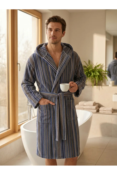 Lucy and Home Ανδρικό μπουρνούζι από 100% βαμβακερό νήμα βαμμένο ριγέ βελούδο