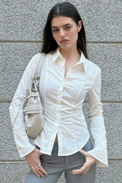 Hola Lady Beyaz Uzun Kollu Vücuda Oturan Gömlek